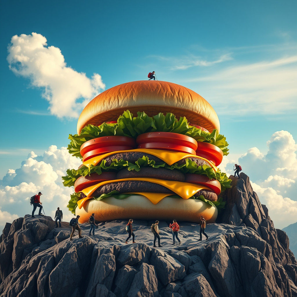 Colossal Burger Picnic at Mountain Summit, Surreal Art