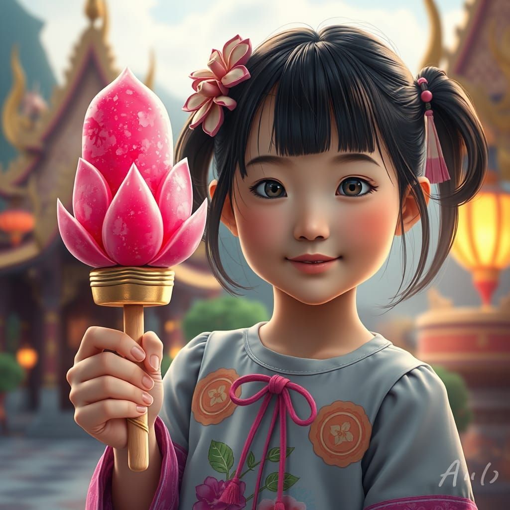 Japanese Girl with Lotus Ice Cream, Matte Painting