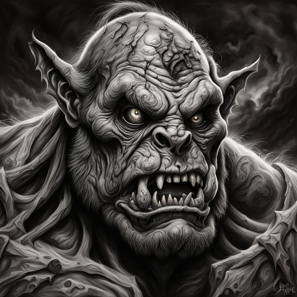Hyperdetailed Charcoal Drawing of a Zombie Ogre
