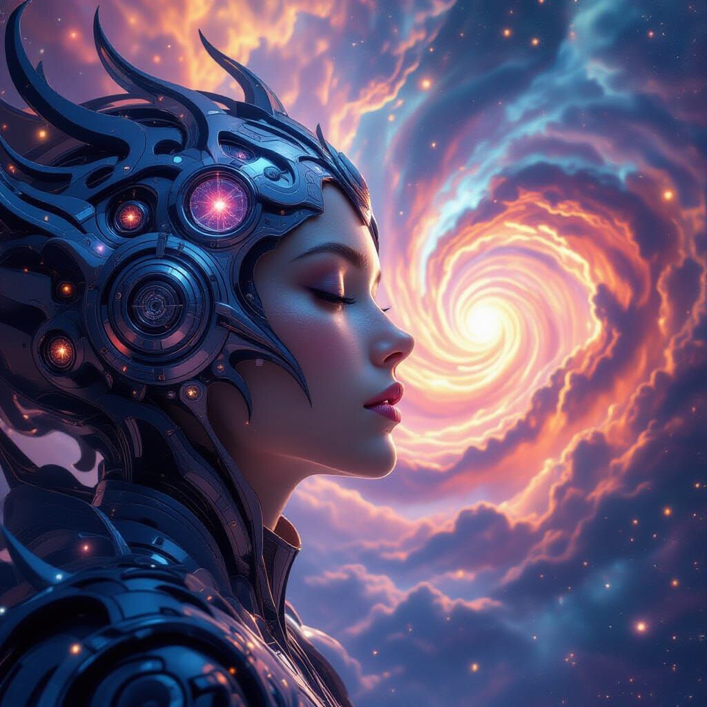 Celestial Being with Galaxy Face in Neo-Impressionist Style