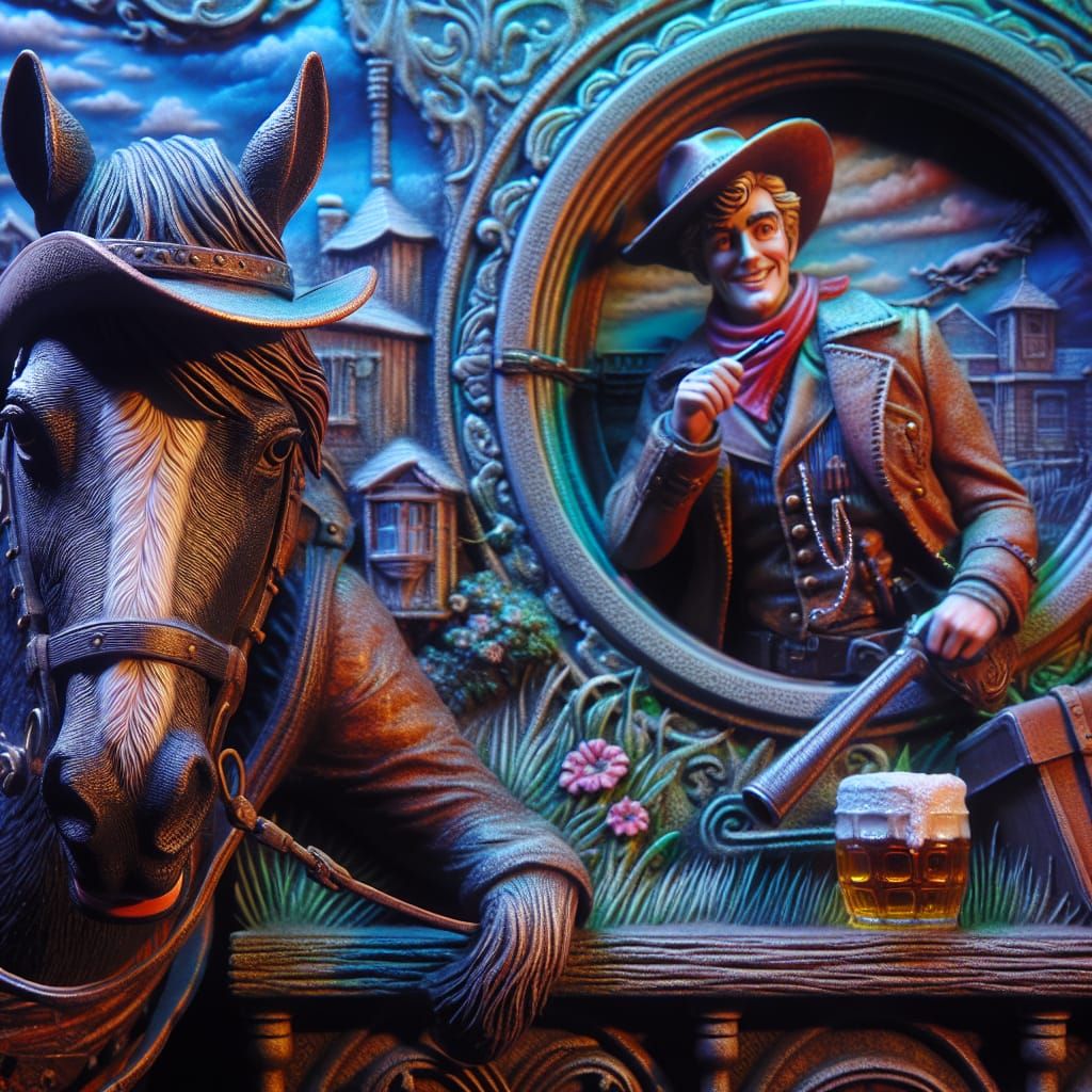 Female Cowboy with Humorous Inebriated Horse