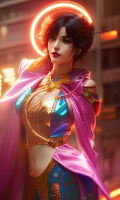 Cyberpunk Jasmine in Neon Kimono, Anime Style