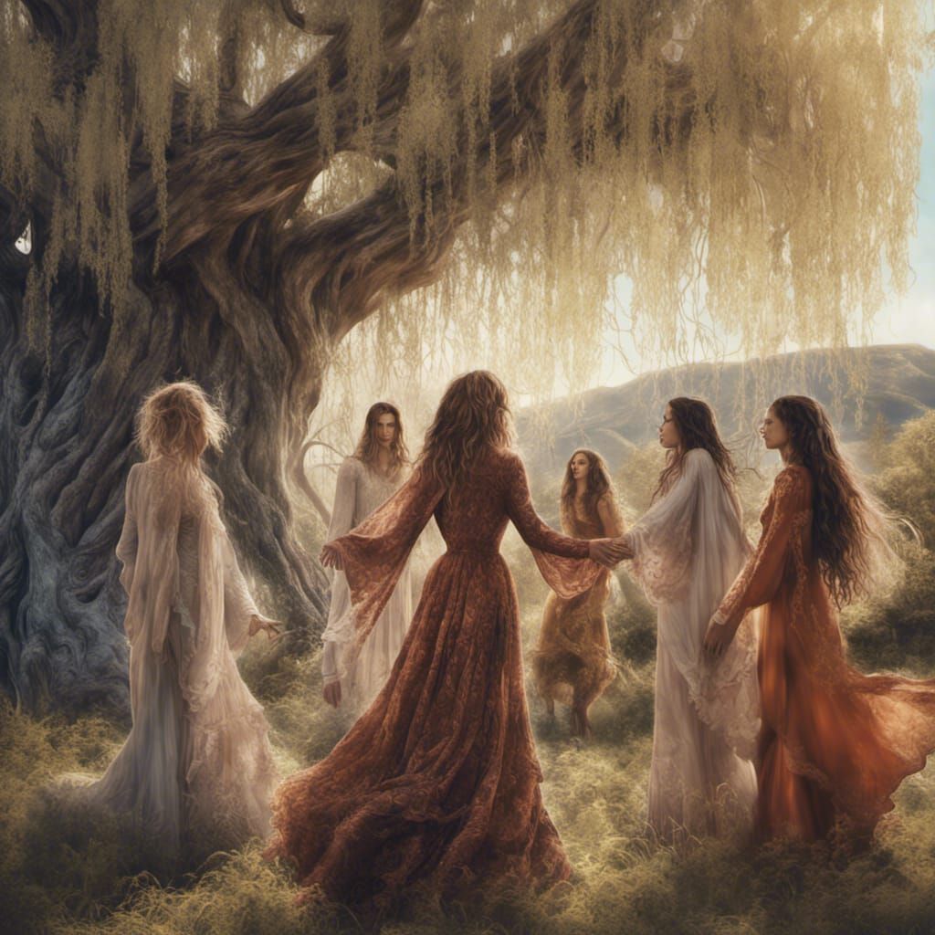 Singers Circling Weeping Willow Tree: Surrealist Oil Paintin...