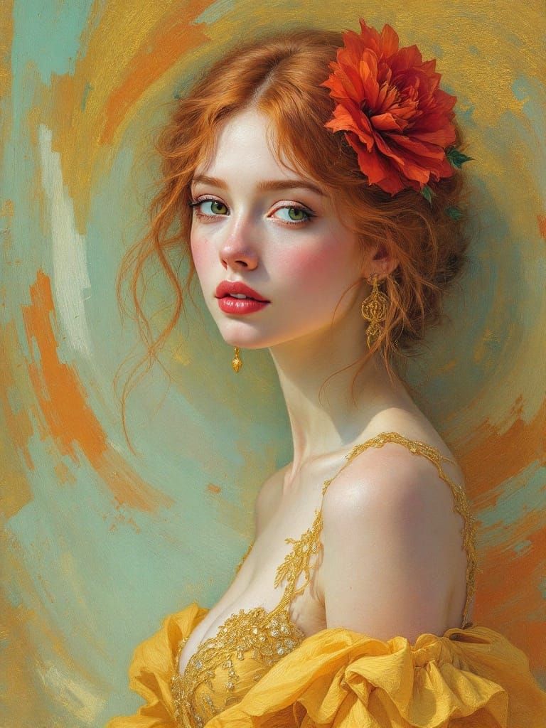 Surreal Portrait of a Young Woman with Floral Crown and Gold...