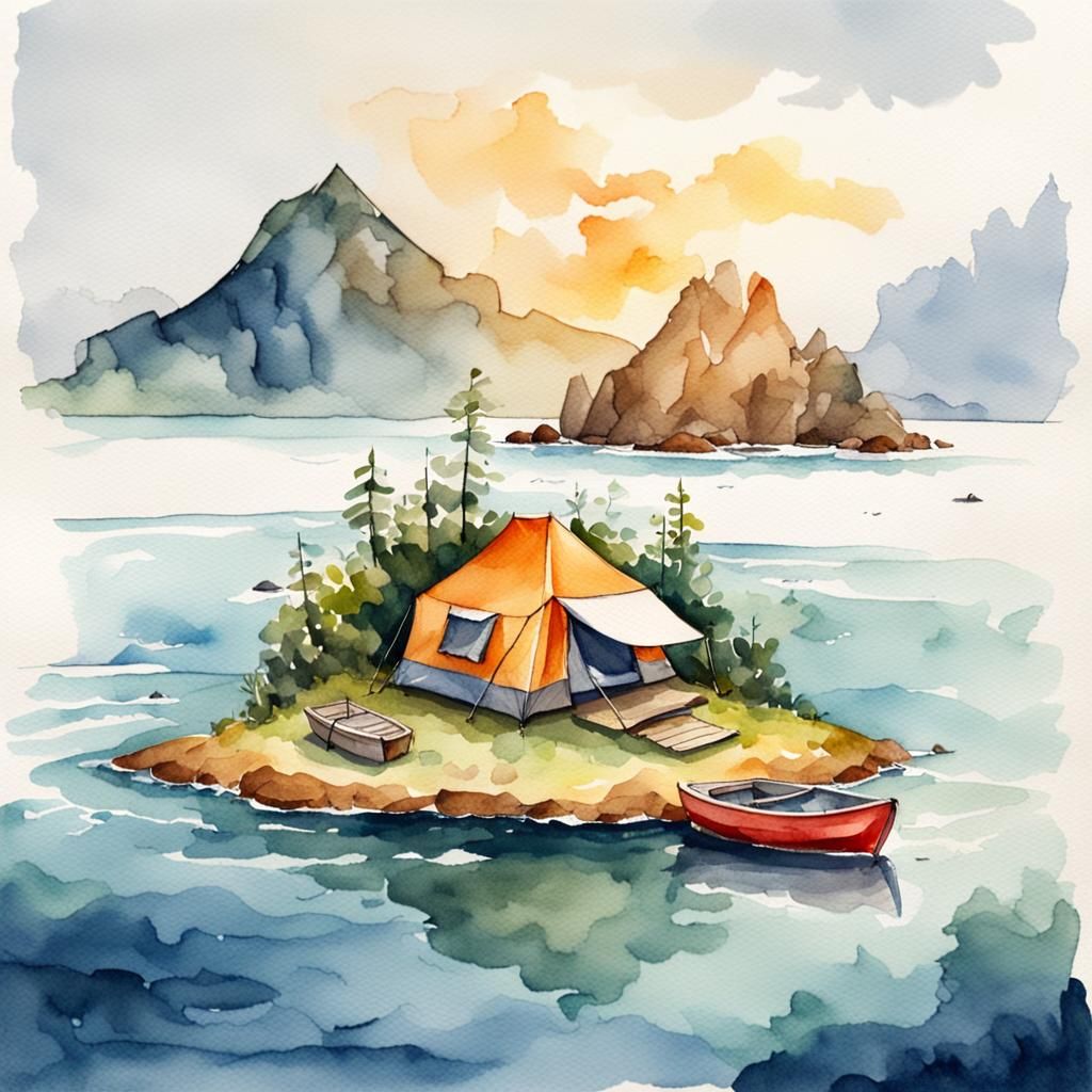 Secluded Island Retreat: Watercolor Camping Scene