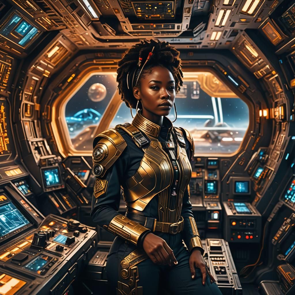 African Spaceship Captain in Sci-Fi Cockpit