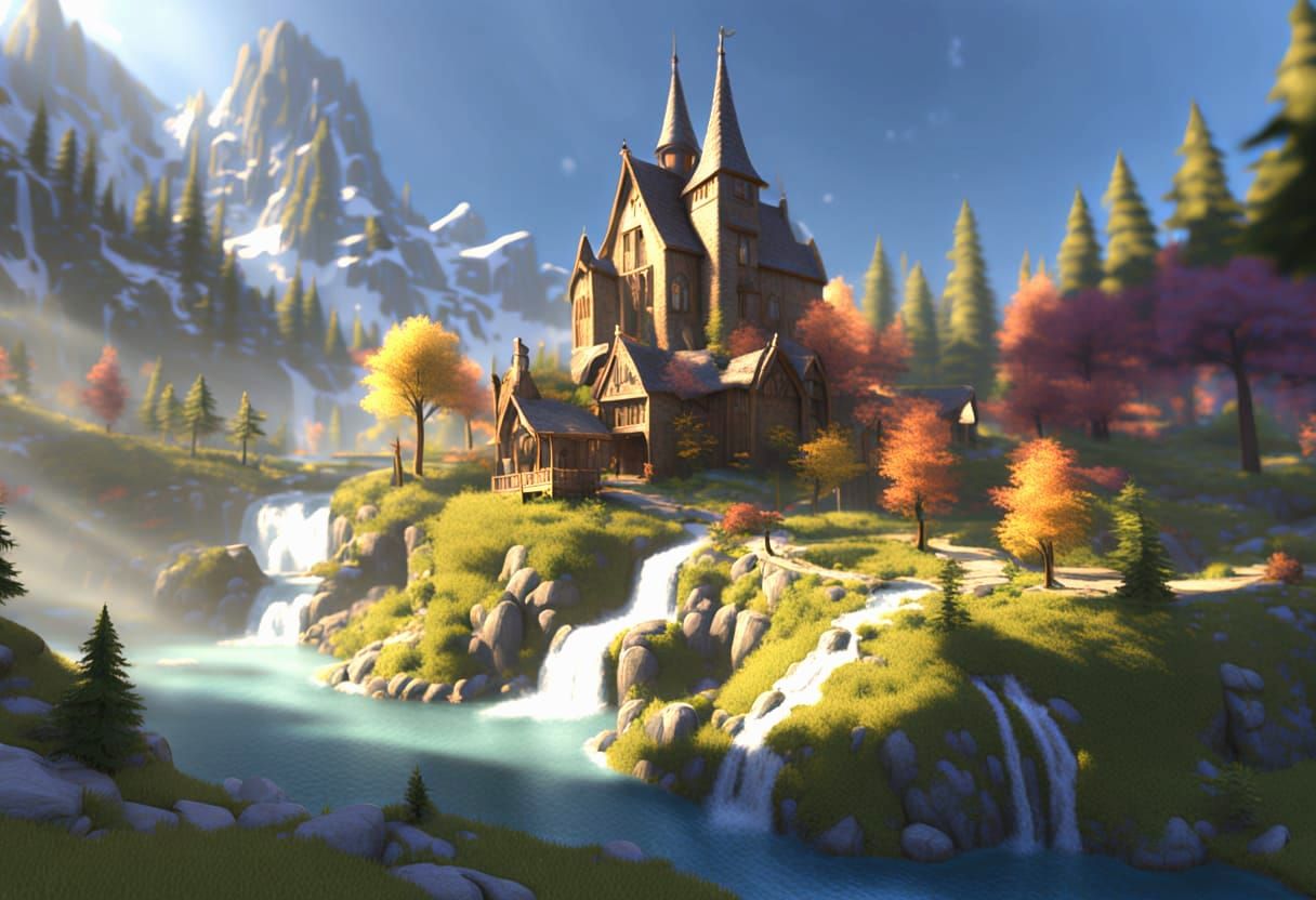 Majestic Fantasy Realm with Glowing Mountains and Shimmering...