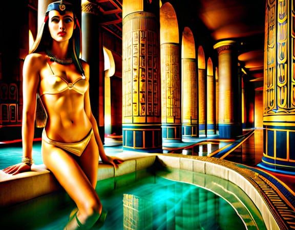 Ancient Egypt, Cleopatra enters one of her pools