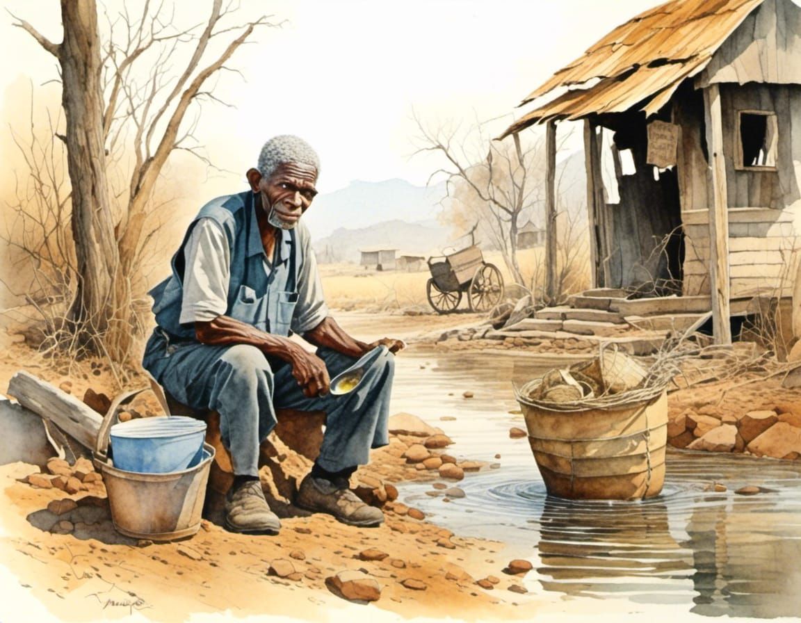 Watercolor Painting of an Old Panhandler