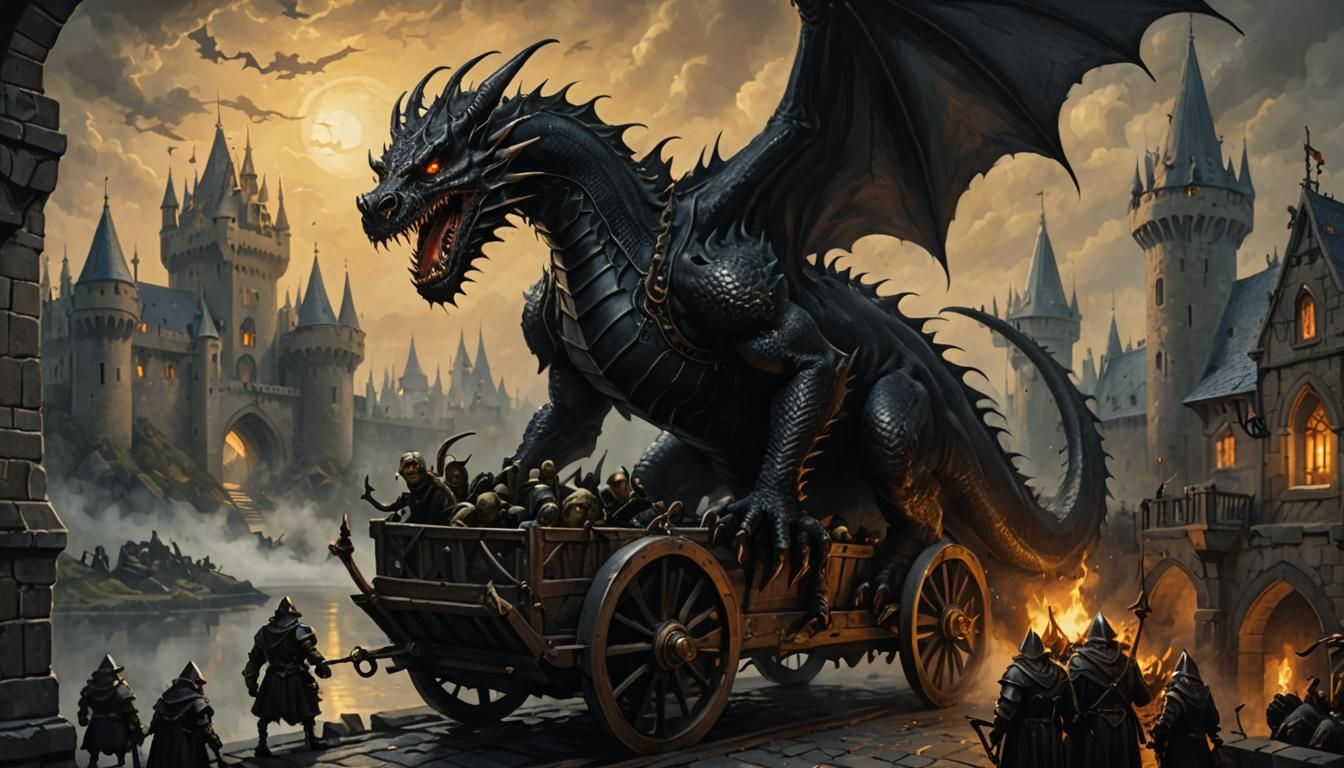 Gothic Dragon Pulls Orc Cart Across Castle Bridge