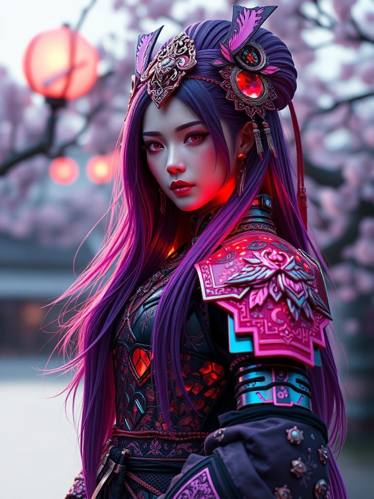 Ethereal Geisha Warrior in Iridescent Samurai Armor