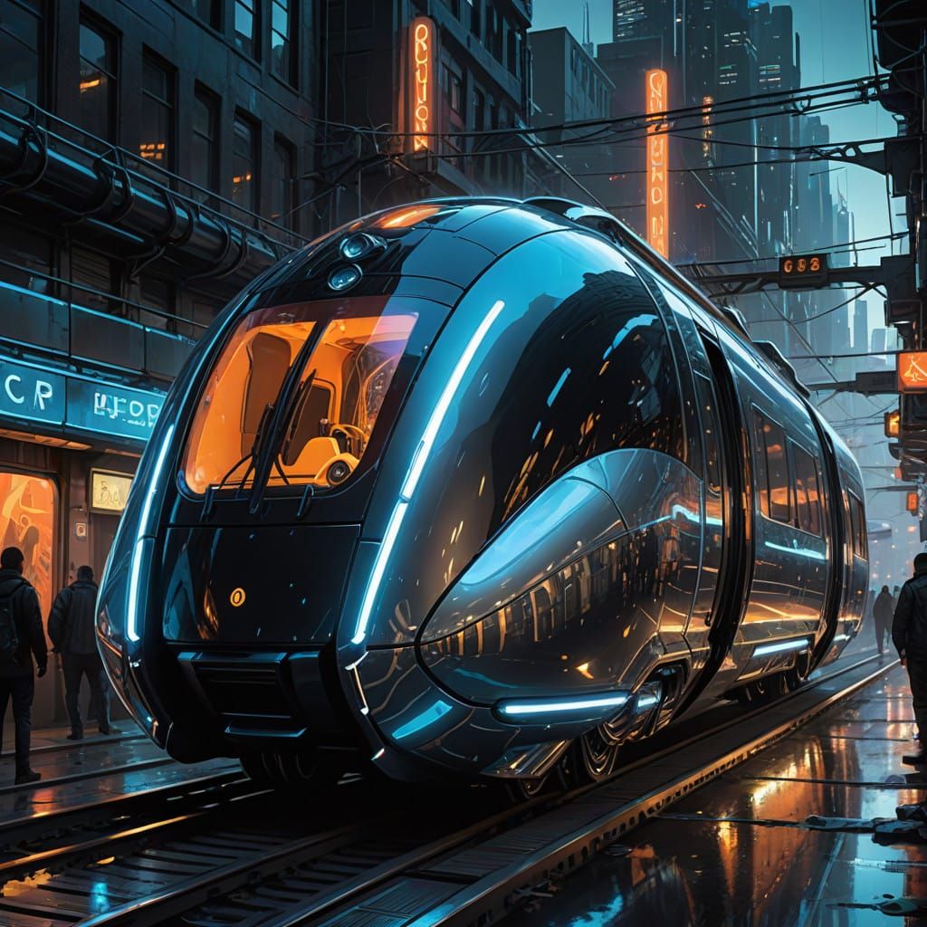 Sleek Futuristic Train Speeds Through Neon-Lit Cityscape in....