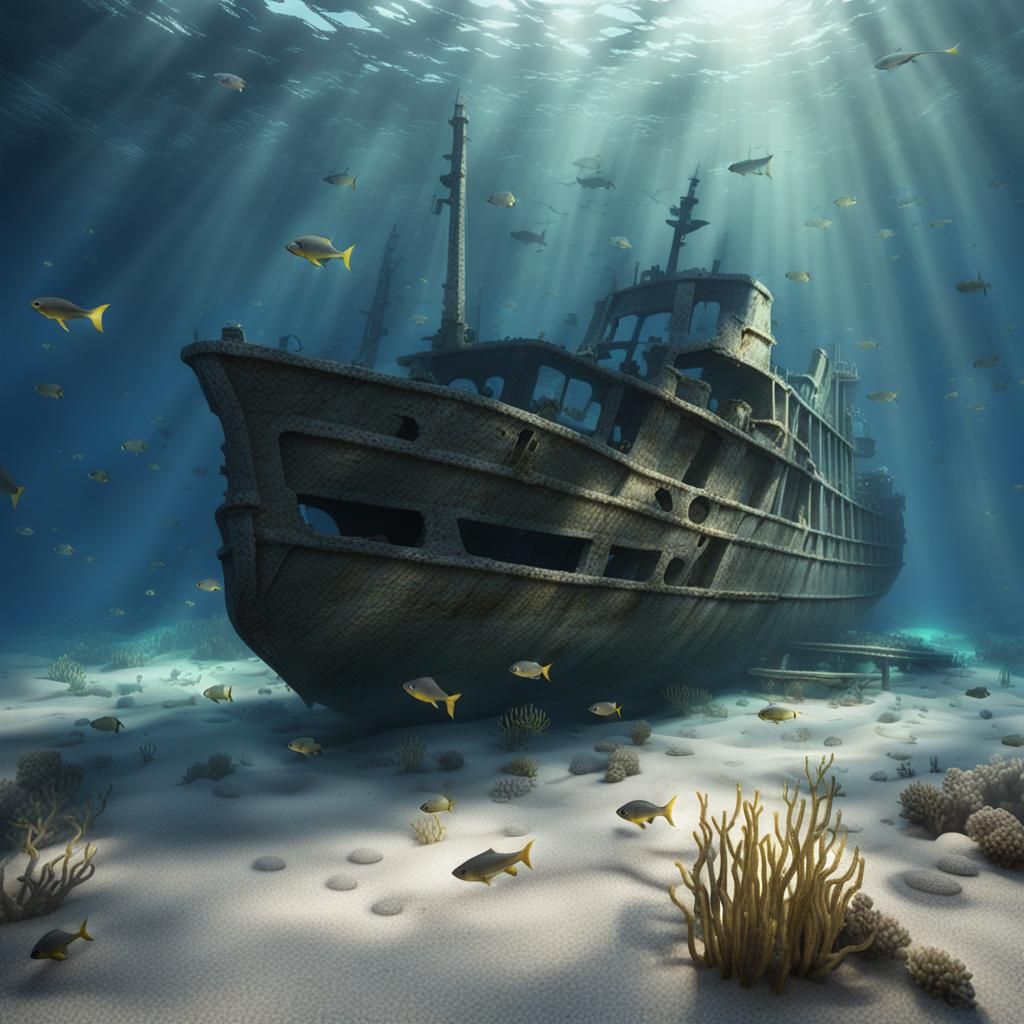 Realistic Undersea Shipwreck with Light Rays
