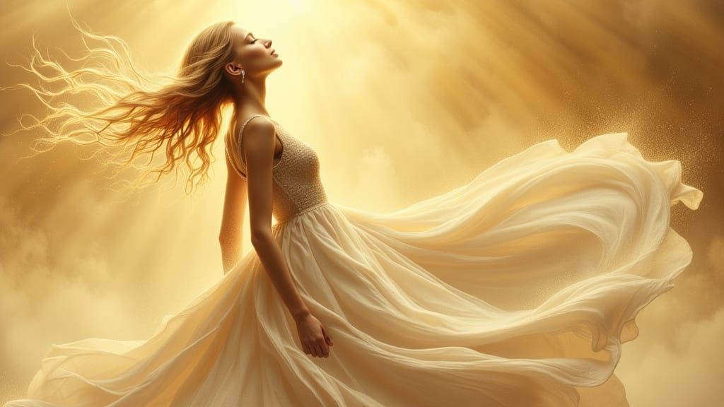 Rising Blonde Woman in Hyperrealist Art Nouveau Style