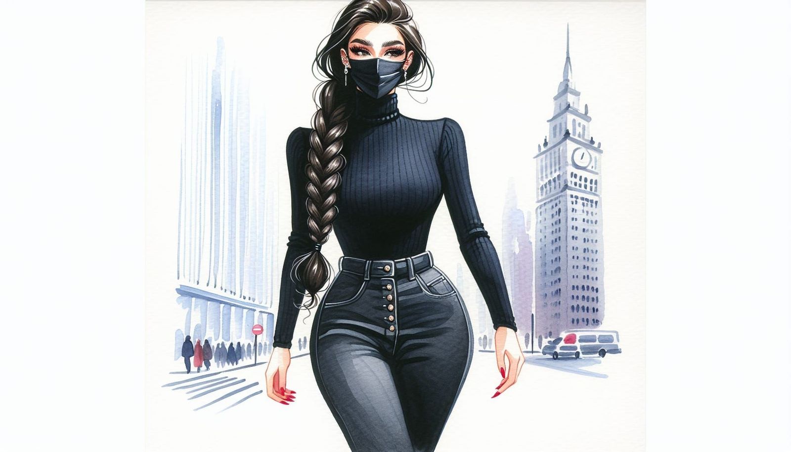 Watercolor of Woman Walking in Cityscape