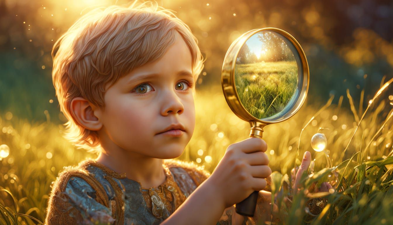 Child with Magnifying Glass in Hyperrealistic Fantasy Style