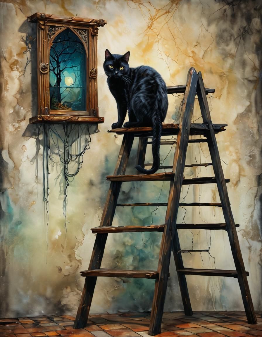 Surreal Black Cat Under Ladder: Aetherpunk Painting