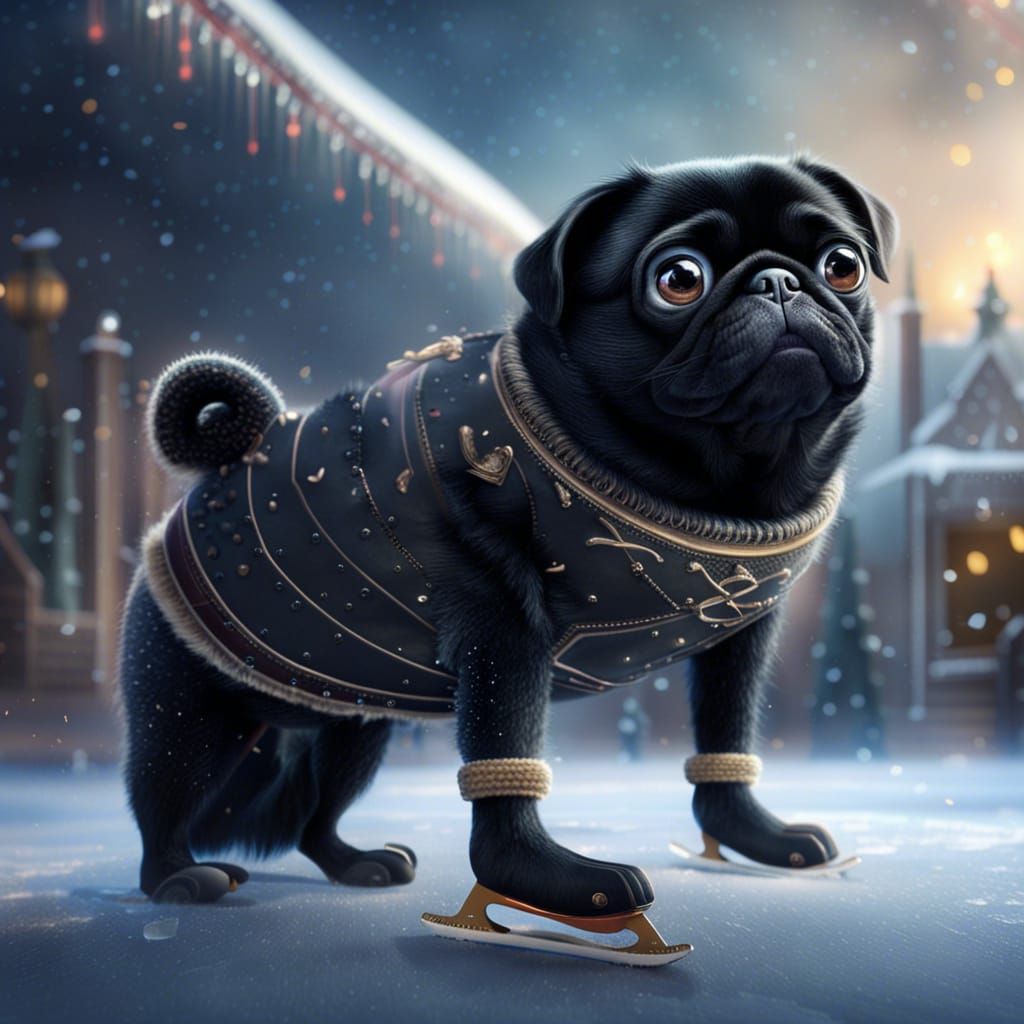 Pug on Ice Skates in Pixar-Style Digital Painting