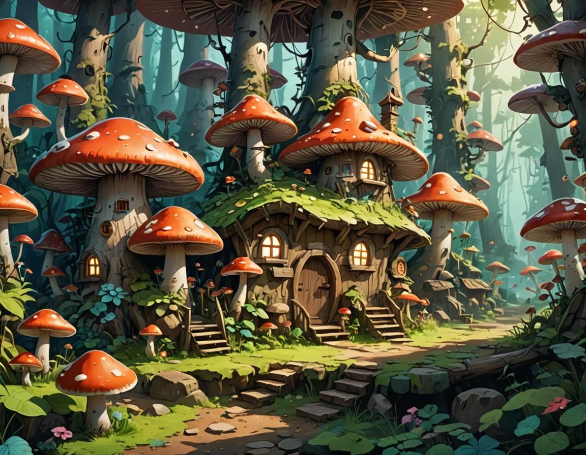 Mushroom Village with Fairies in Anime Style