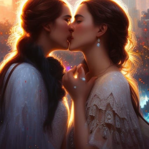 Two Women Kissing, Engagement Ring, Neo-Impressionism