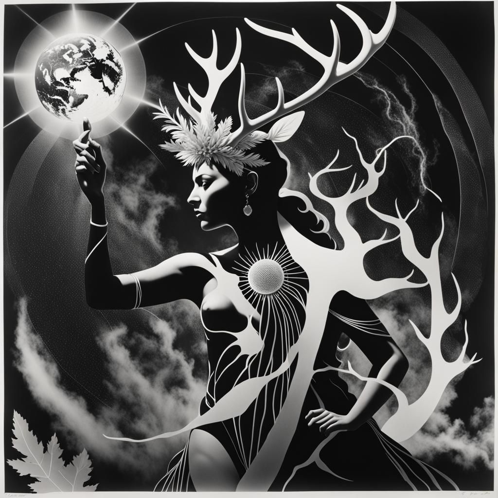 Monochrome Photogram: Antlered Man and Earth Goddess