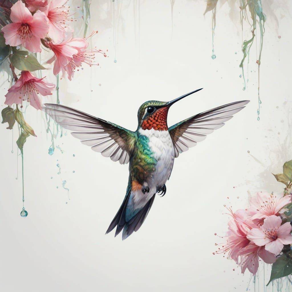 Hummingbird in Whimsical Flight Amidst Vibrant Blossoms