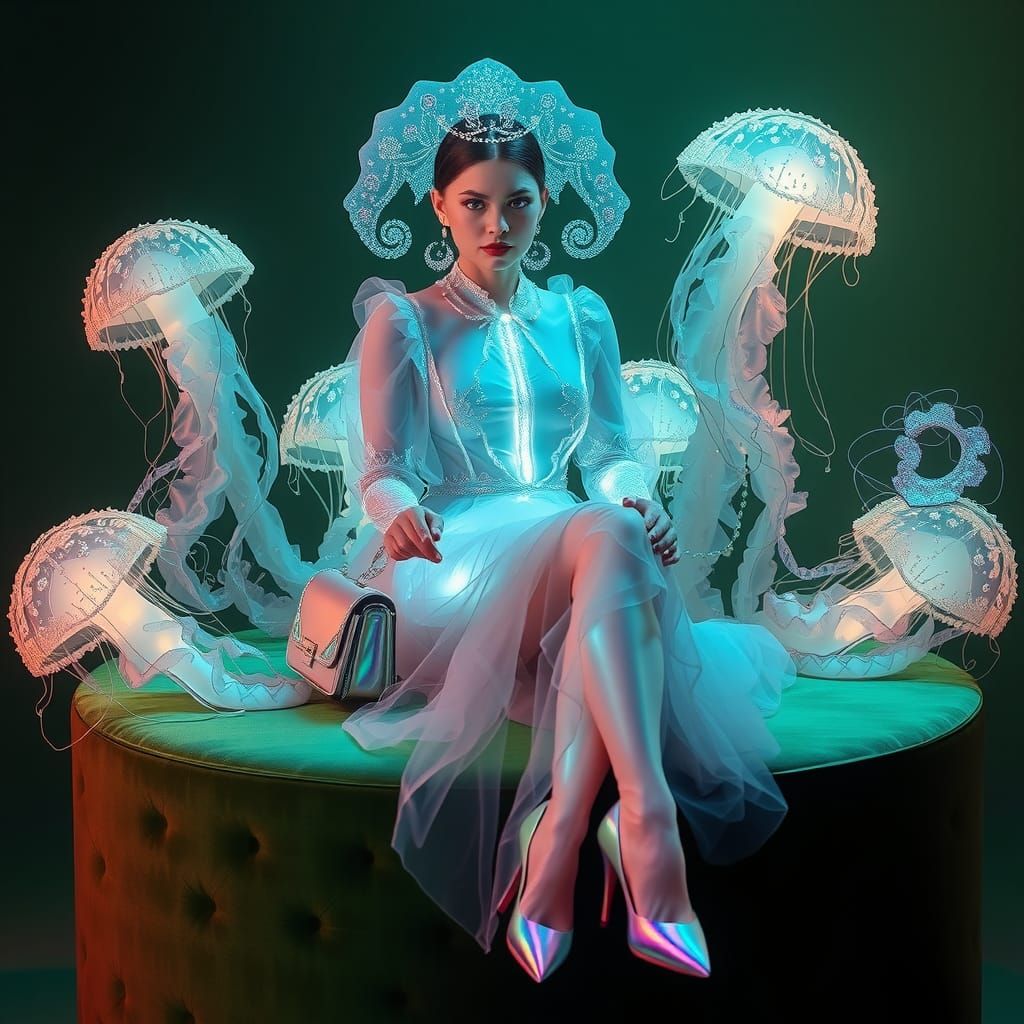 Woman in Jellyfish Fashion, Photorealistic Rendering