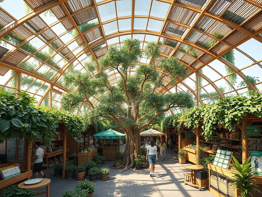 Ecological Marketplace Oasis in Futuristic Bamboo Architectu...