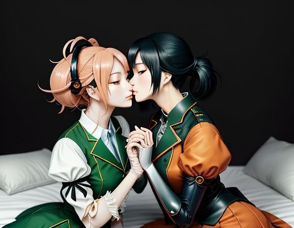 Kemono Twin Sisters Kissing in Manga Anime Style