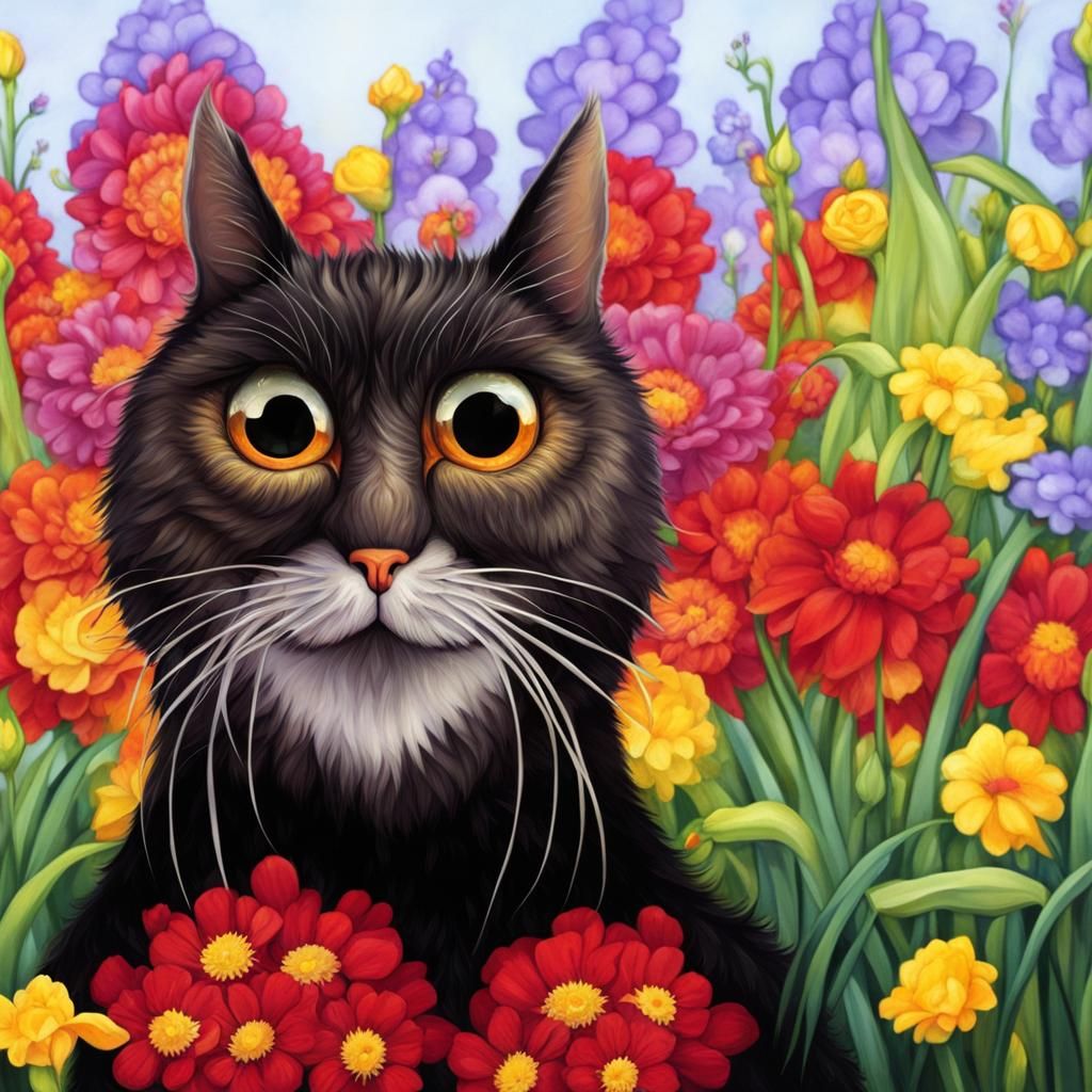 Monster Cat in Field of Flowers: Fantasy Art