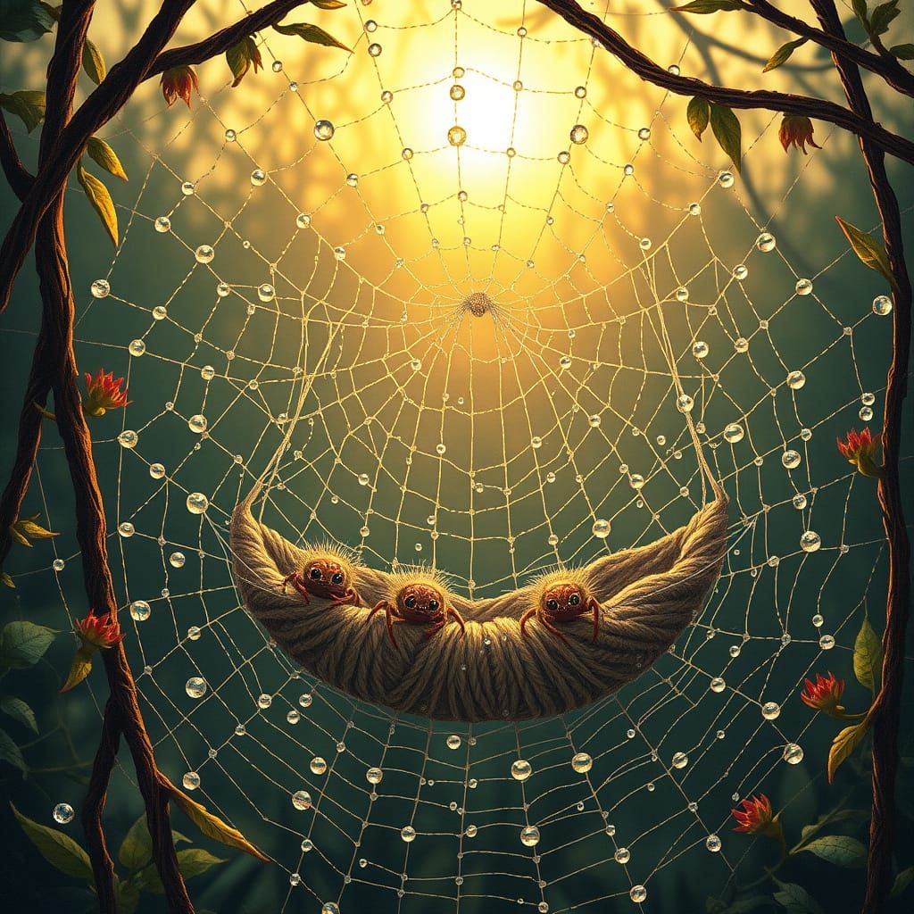 Cozy Spider Web Home at Dawn, Storybook Illustration Style