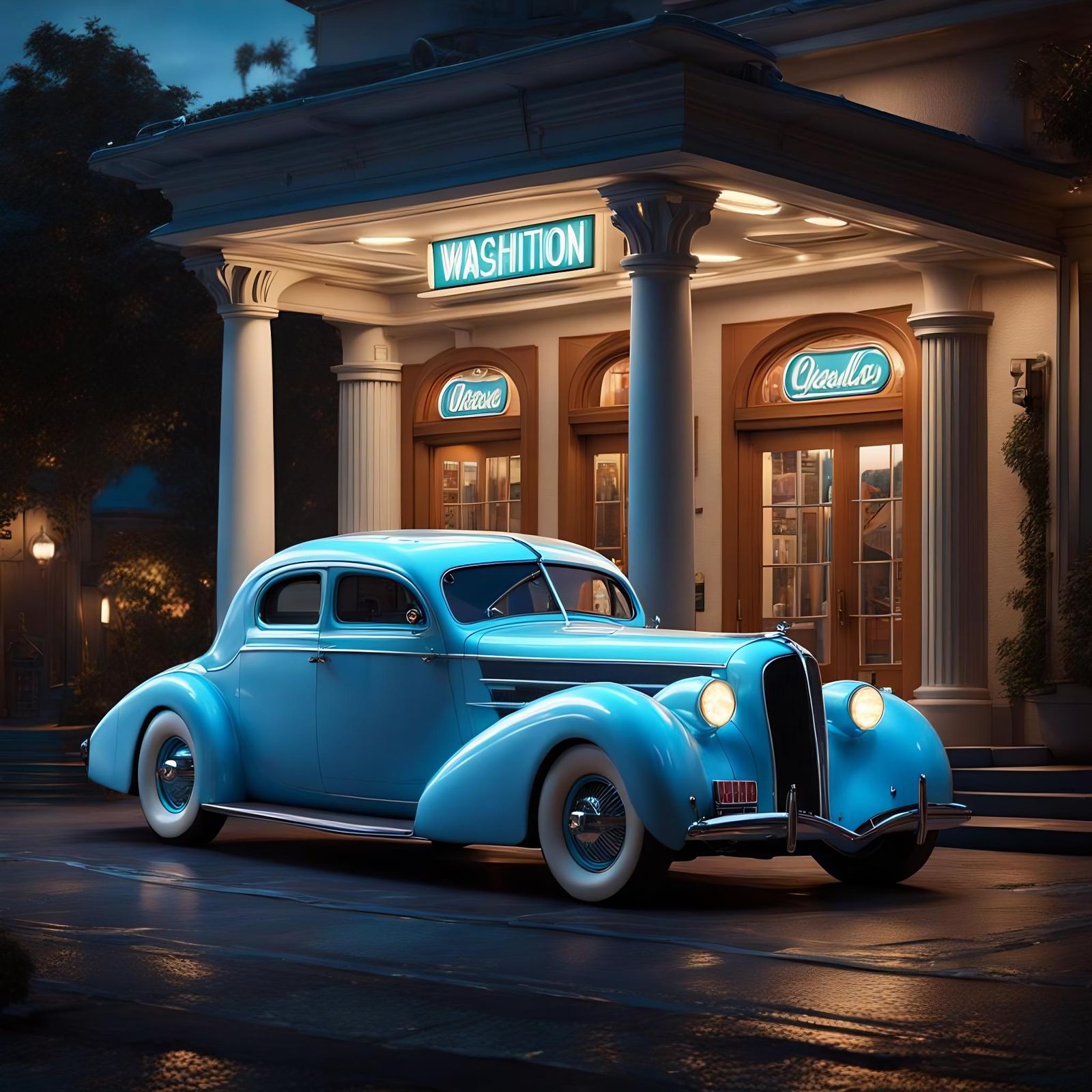 1938 Fastback Car at Retro Gas Station