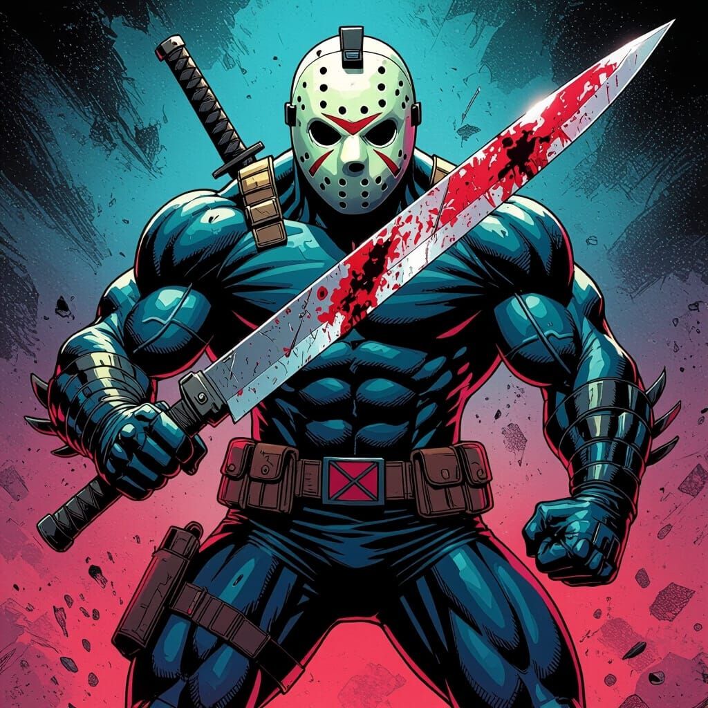 Superhero with Jason Mask in Comic Book Style