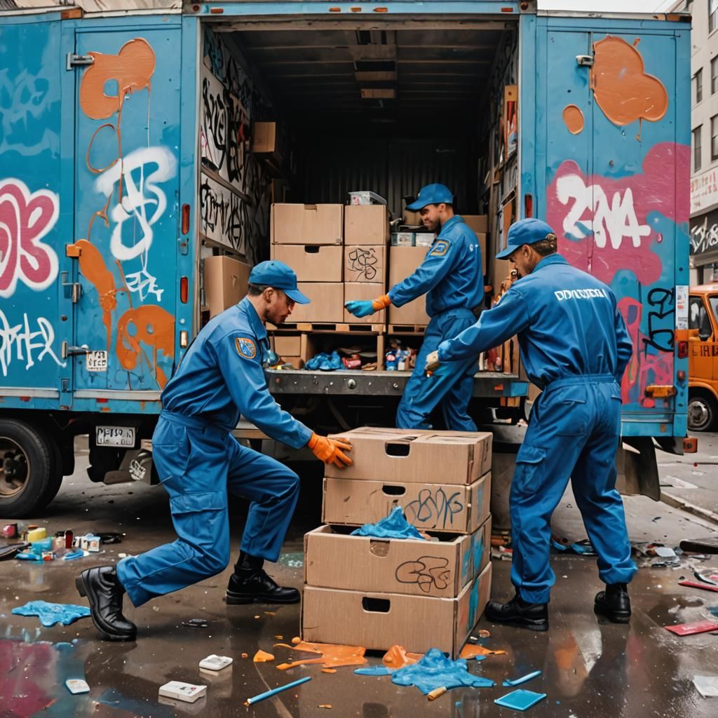 Men in Blue Uniform Load Chairs into Box Truck