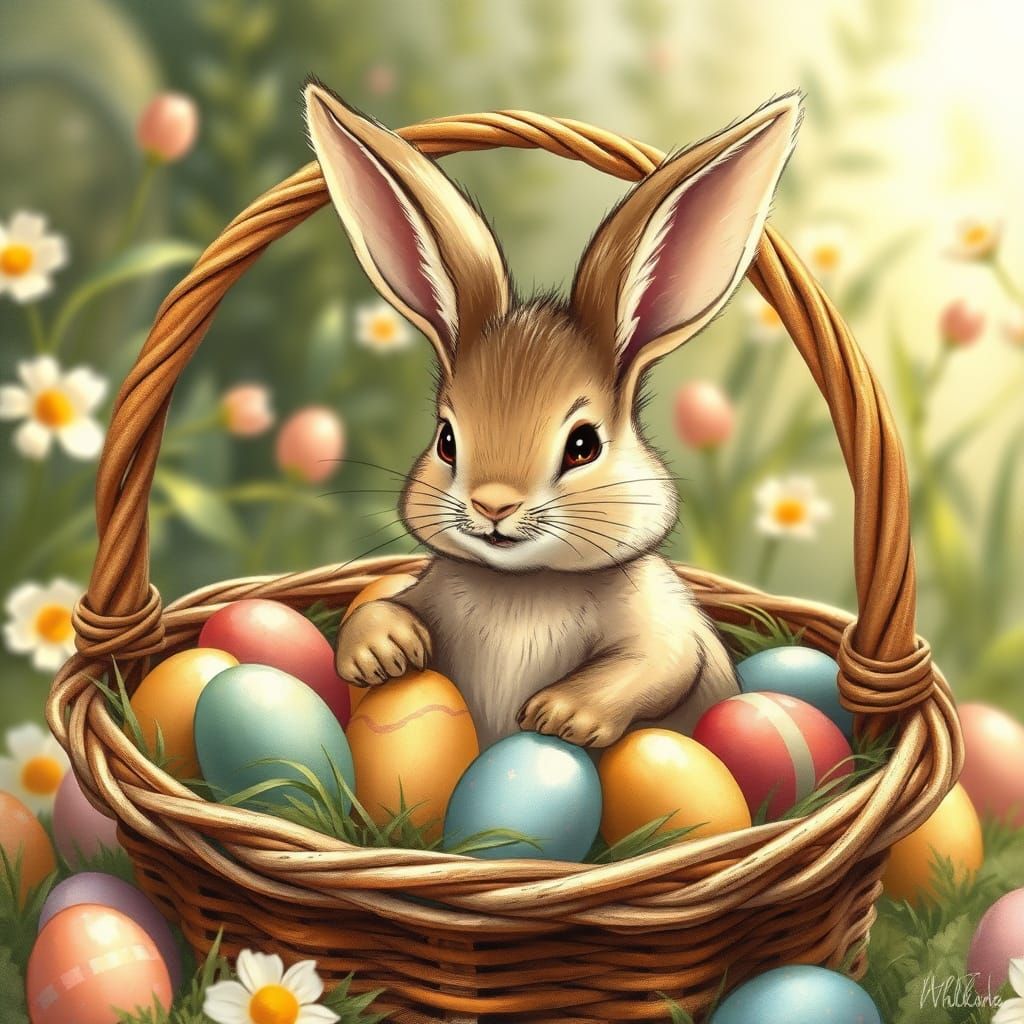 Whimsical Easter Bunny in a Wicker Basket of Colorful Eggs