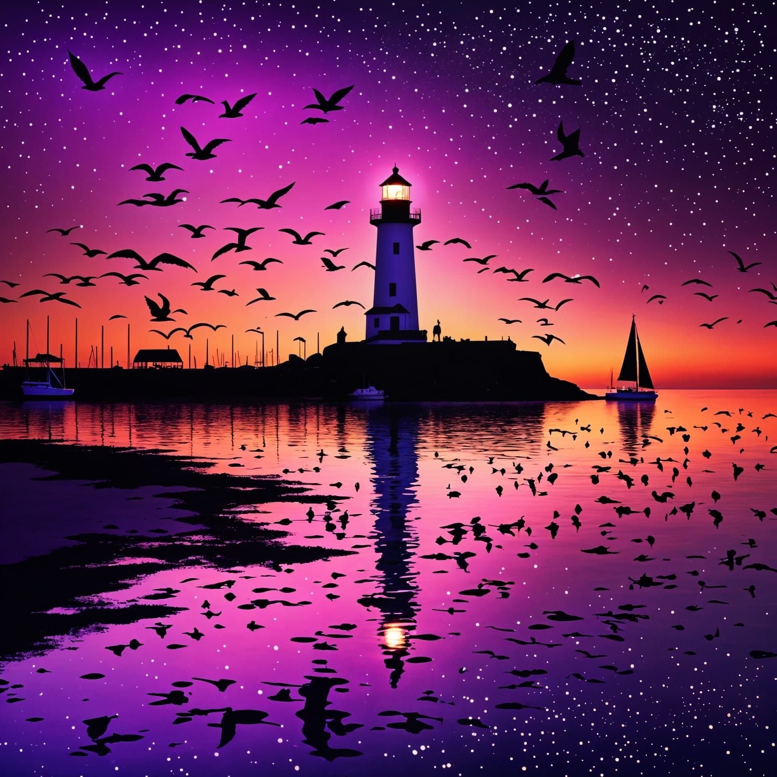 Neon Sunset Over Ocean with Lighthouse
