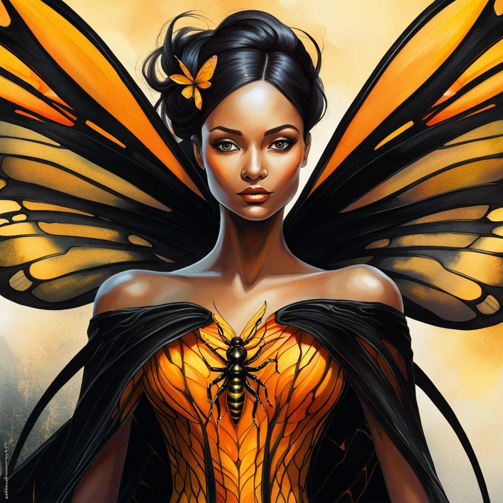 Sinister Wasp Fairy in Watercolor Style