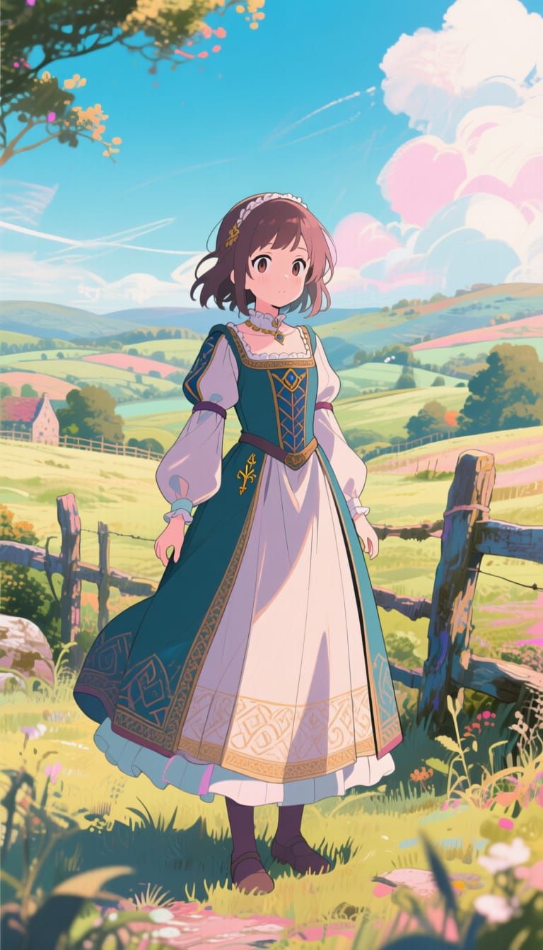 Anime Girl in Medieval Dress Landscape
