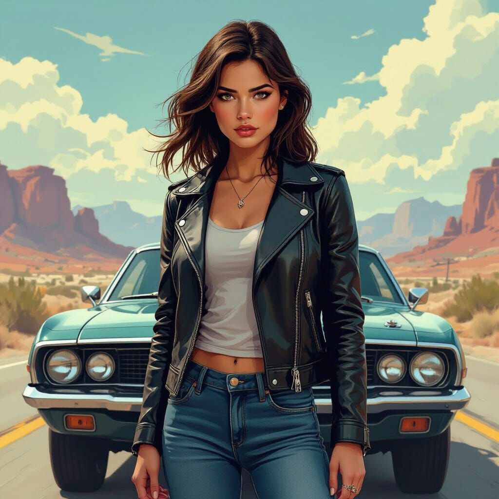 Woman and Vintage Car in Dystopian Futuristic Style