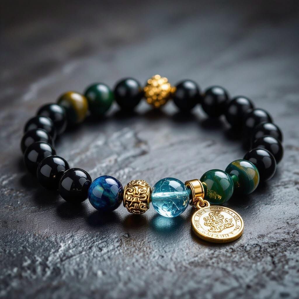 Men's Bracelet with Obsidian, Tiger's Eye, Aquamarine & Gold