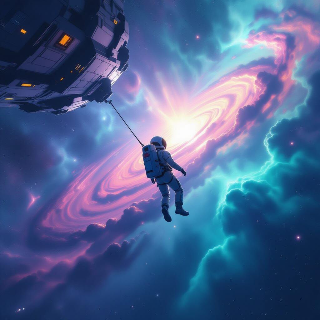 Astronaut Adrift in Cosmic Void with Derelict Ship