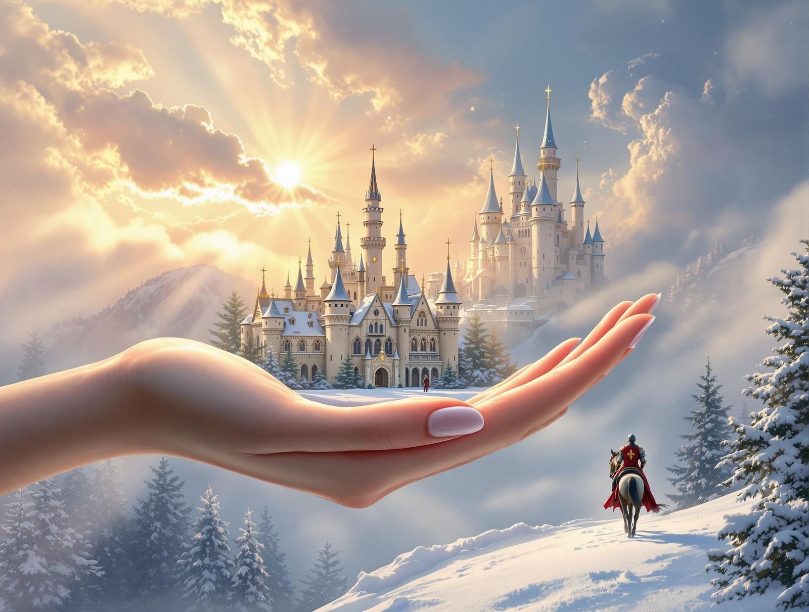 Dreamy Winter Kingdom in Hand, Art Nouveau Style