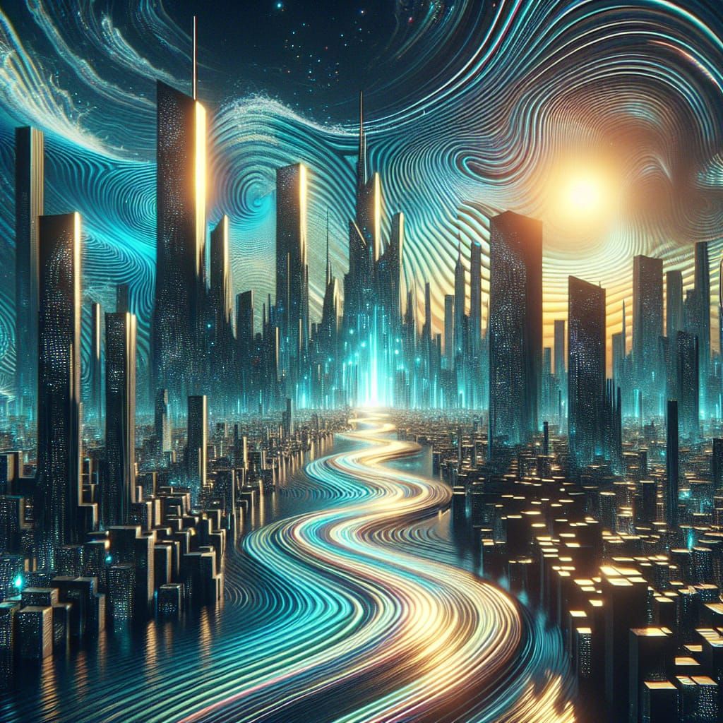 Surreal Bioluminescent Cityscape in Glitch Art Style