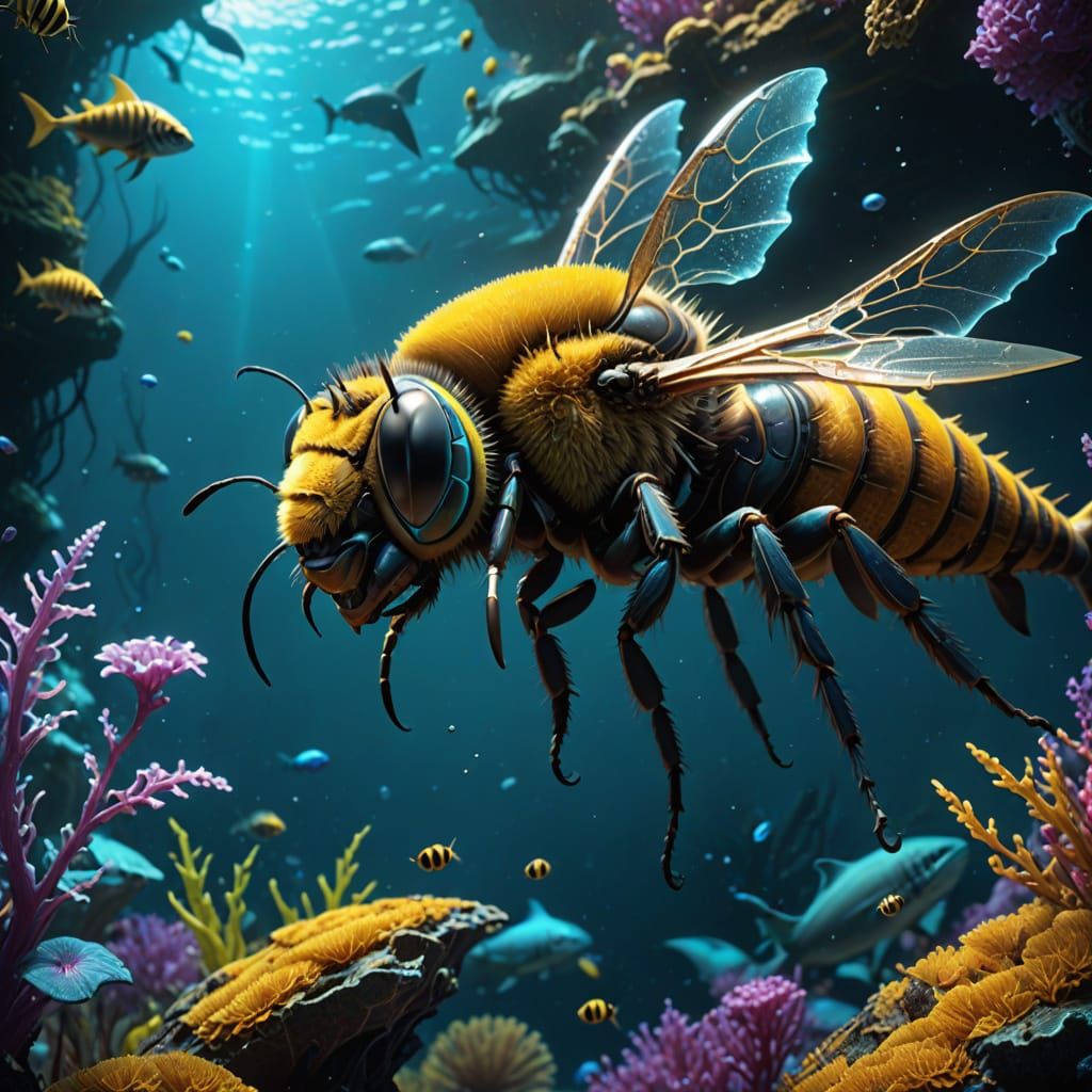 Biomechanical Honey Bee Shark Hybrid in Iridescent Underwate...