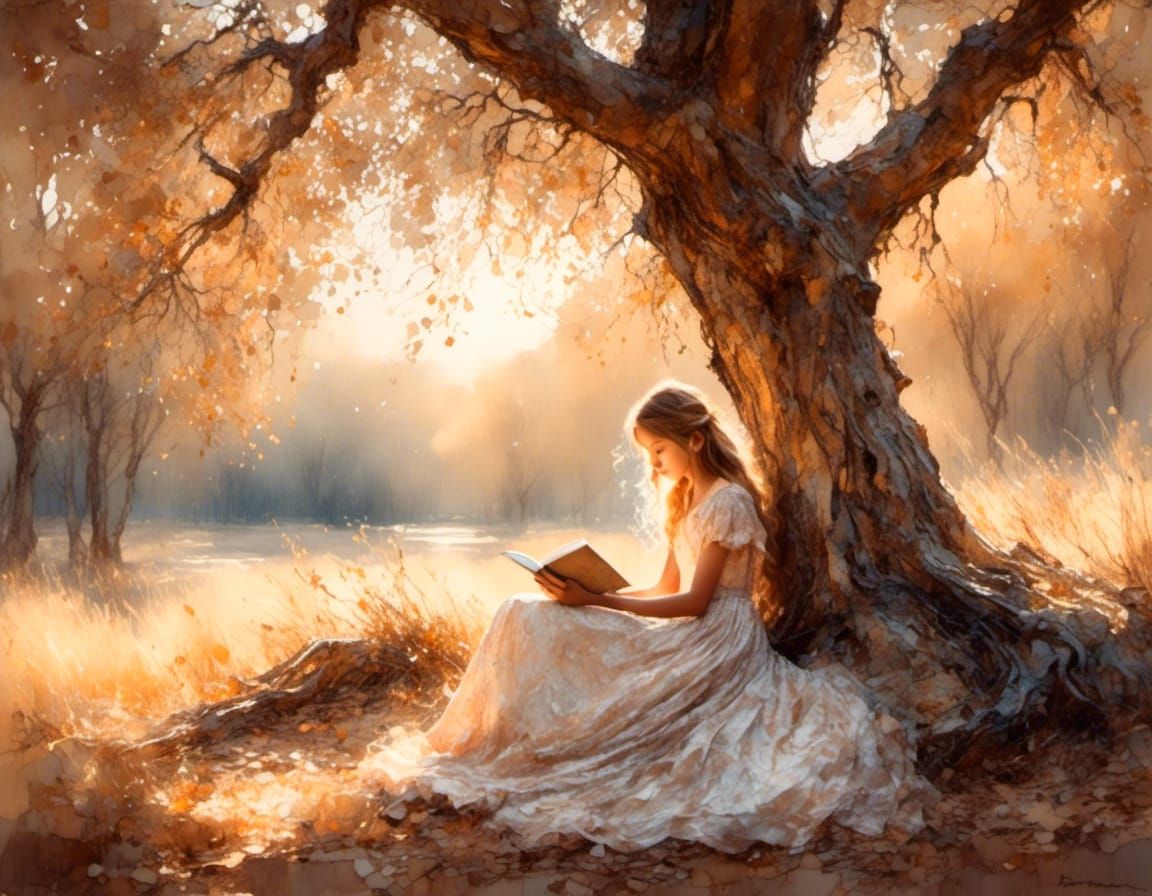 Girl Reading Under Tree in Watercolor Style