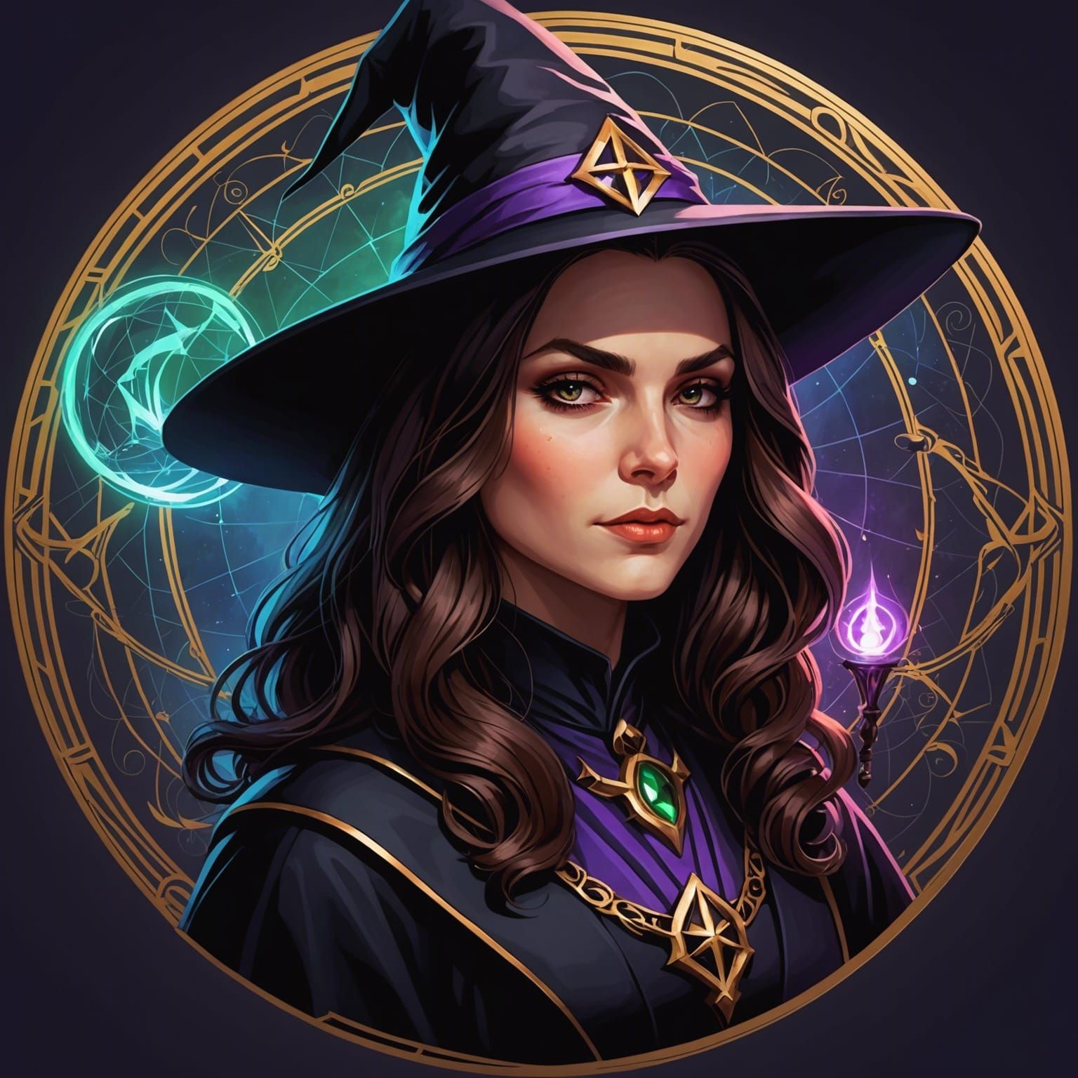 Brunette Witch Portrait in Cel-Shaded Style