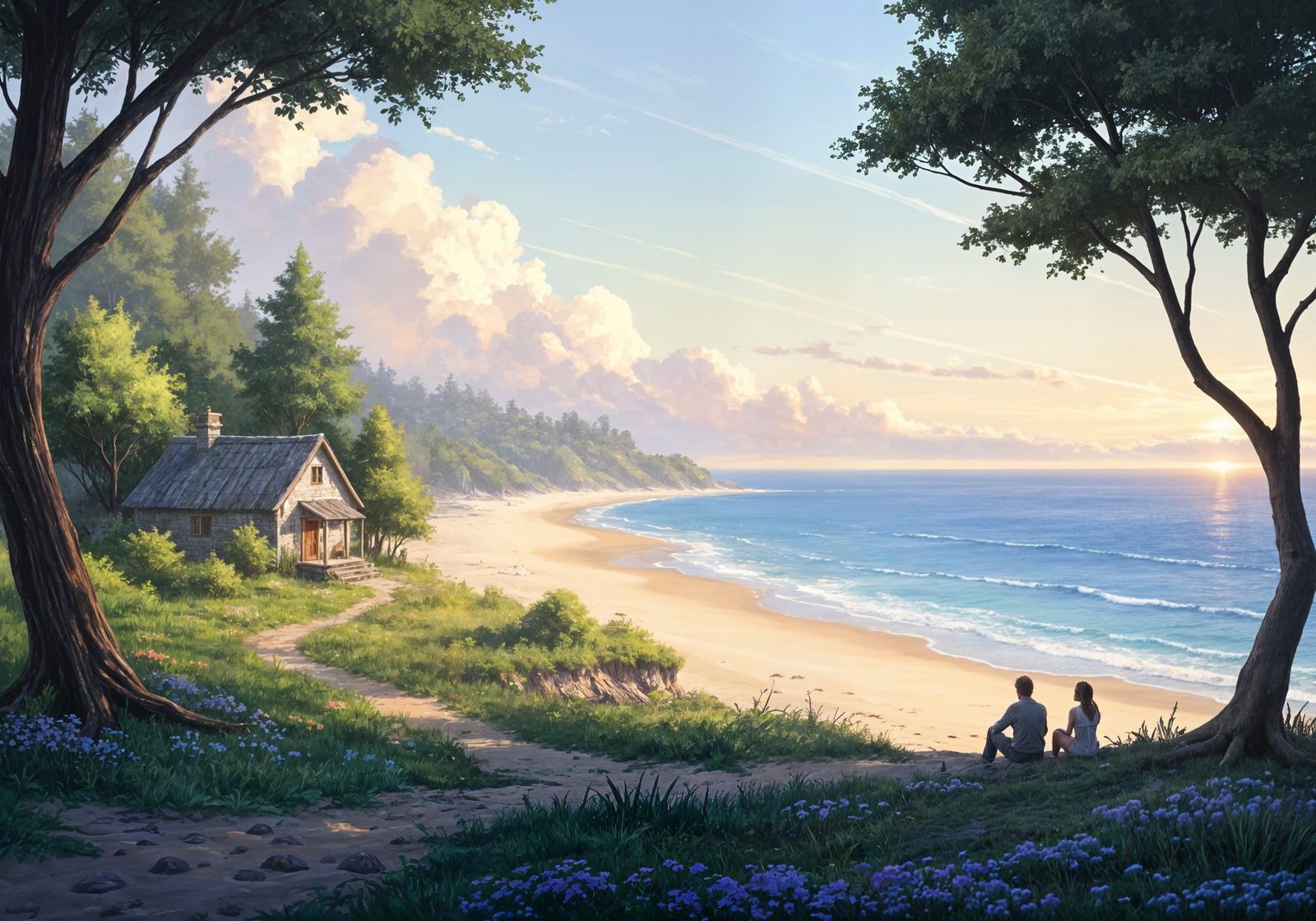 Tranquil Coastal Cottage Fantasy Art at Dawn