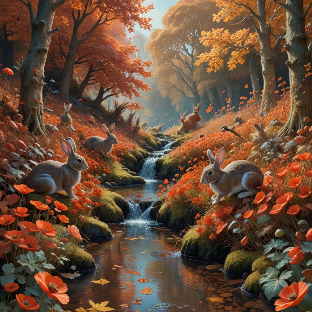 Intricate Autumn Forest Scene with Rabbits