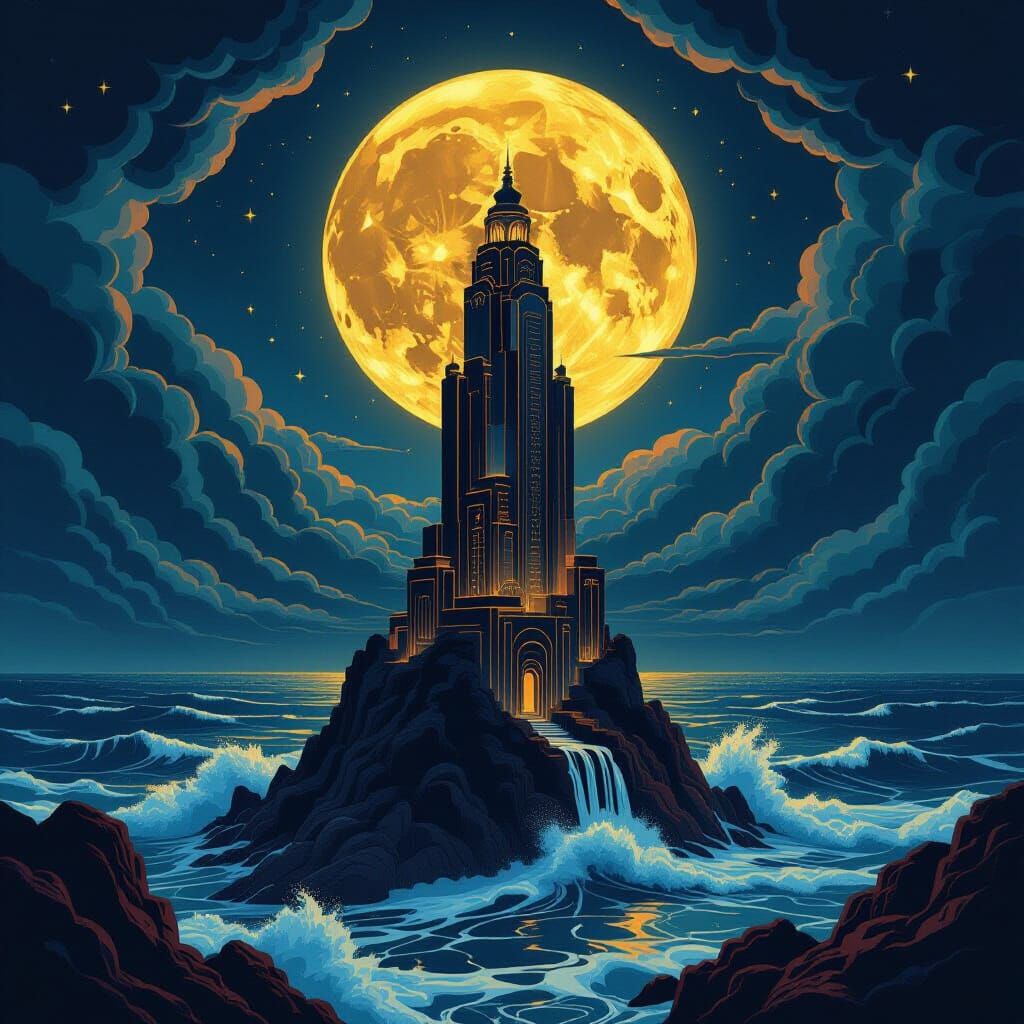 Art Deco Retro-Futuristic Tower Overlooking Stormy Sea