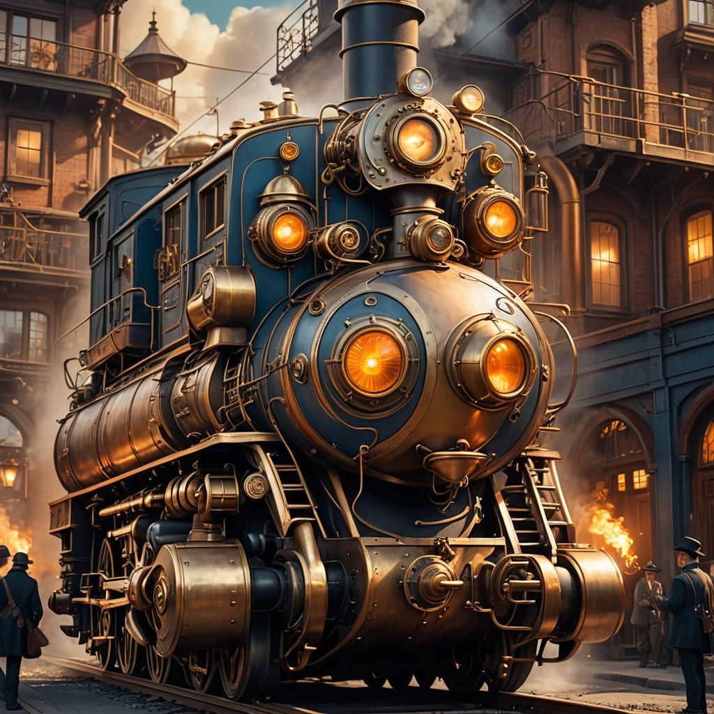 Steampunk Locomotive Mascot with Mustache, Digital Art